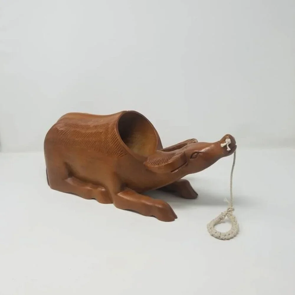 Vtg hand carved‎ Water Buffalo wine bottle holder man cave brown farmhouse